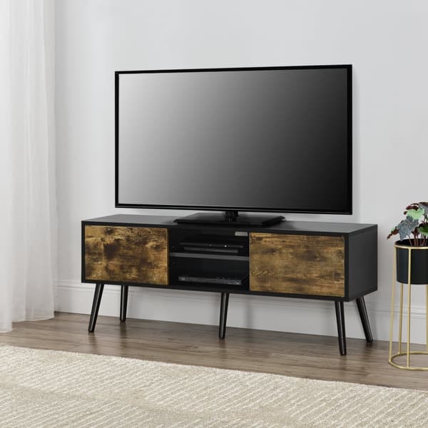 [en.casa] Tv-bänk Eskilstuna med 2 dörrar och öppna hyllor-120x29,5x46,5cm-melaminbelagd spånskiva-trä-svart-mörk träfärg