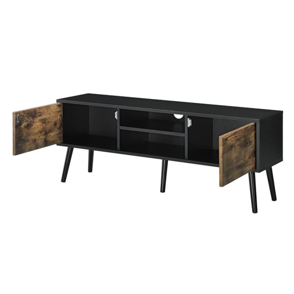 [en.casa] Tv-bänk Eskilstuna med 2 dörrar och öppna hyllor-120x29,5x46,5cm-melaminbelagd spånskiva-trä-svart-mörk träfärg