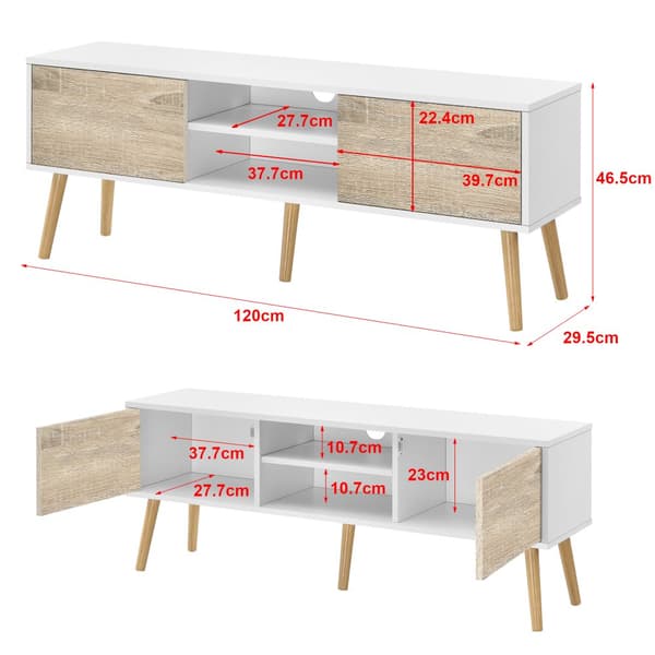 [en.casa] Tv-bänk Eskilstuna med 2 dörrar och öppna hyllor-120x29,5x46,5cm-melaminbelagd spånskiva-trä-vit-ekfärg