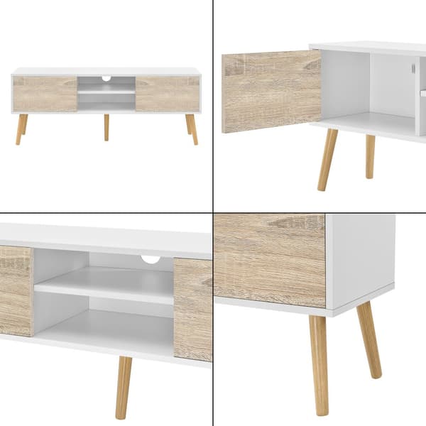 [en.casa] Tv-bänk Eskilstuna med 2 dörrar och öppna hyllor-120x29,5x46,5cm-melaminbelagd spånskiva-trä-vit-ekfärg