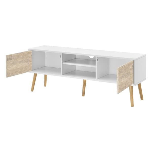 [en.casa] Tv-bänk Eskilstuna med 2 dörrar och öppna hyllor-120x29,5x46,5cm-melaminbelagd spånskiva-trä-vit-ekfärg