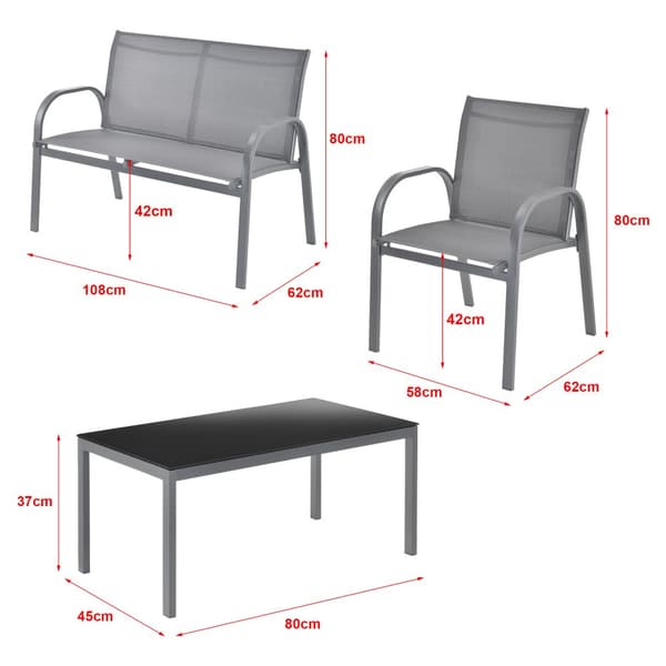 [en.casa] Loungegrupp Gagra-bord-2 stolar-bänk-plats för 4 personer-stål-bordsskiva i härdat glas-ljusgrå-svart