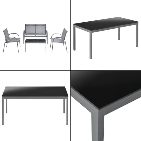 [en.casa] Loungegrupp Gagra-bord-2 stolar-bänk-plats för 4 personer-stål-bordsskiva i härdat glas-ljusgrå-svart