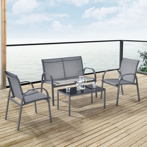 [en.casa] Loungegrupp Gagra-bord-2 stolar-bänk-plats för 4 personer-stål-bordsskiva i härdat glas-ljusgrå-svart