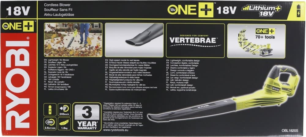 Ryobi One+ OBL1820S - Lövblåsare - elektrisk - 18 V - 2.5 Ah - inget batteri - 156 m³/tim. - 245 km/h - 2 kg - Utan batteri och laddare