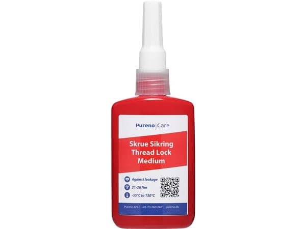 PURENO Skrue sikring medium 50ml. Produktet er udviklet til låsning og forsegling af gevindbeslag.