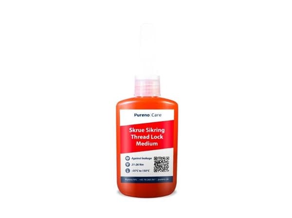 PURENO Skrue sikring medium 50ml. Produktet er udviklet til låsning og forsegling af gevindbeslag.