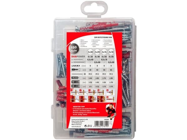 Fischer 540299, Skrue- og veggpluggsett, Tre, 150 stykker, Boks