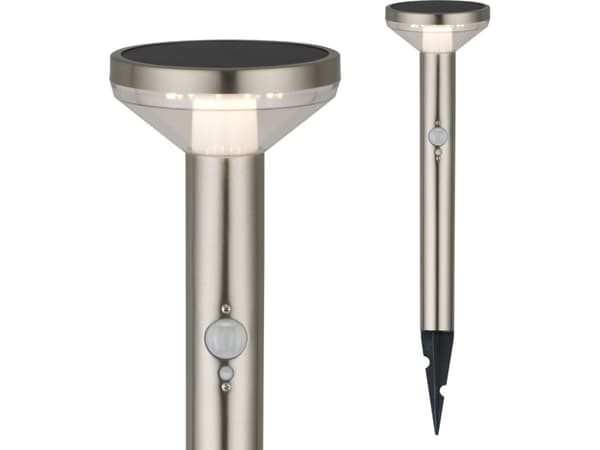 Maclean LED-aurinkovalaisin anturilla Maclean MCE465 C/M, kromi matta, IP44, 3 valaistustilaa, Li-ion 18650 3.7V 1200 mAh akku, pistorasiaan kytkettä