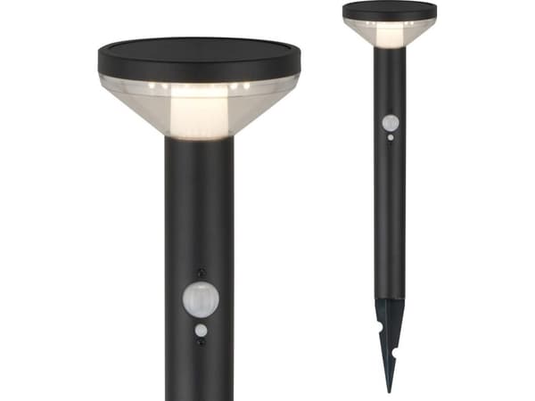Taklys Maclean Solar LED-lampe med Maclean MCE465 B sensor, svart, IP44, 3 lysmoduser, Li-ion 18650 batteri 3,7V 1200 mAh, hamret