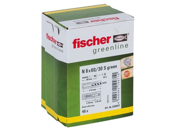 Fischer 524847, Kit med skruv och väggplugg, Tegel, Betong, Pozidriv, PZ2, 60 mm, 6 mm