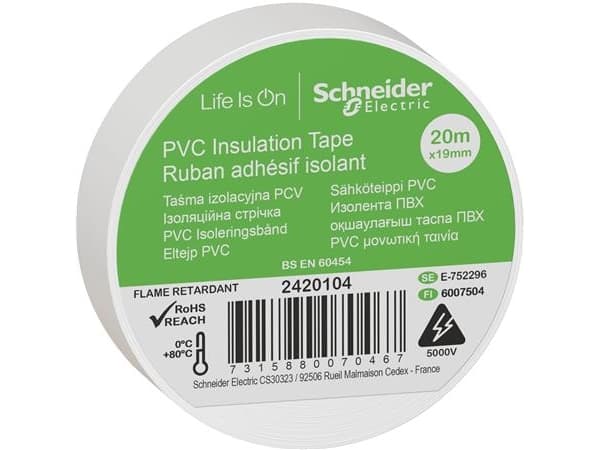 Schneider Electric 2420104, 1 stykker, Hvit, PVC, BS EN 60454, EN60454-3-1 / 1: 1998, EN60454-1: 1994, EN60454-2: 1995., 20 m, 19 mm