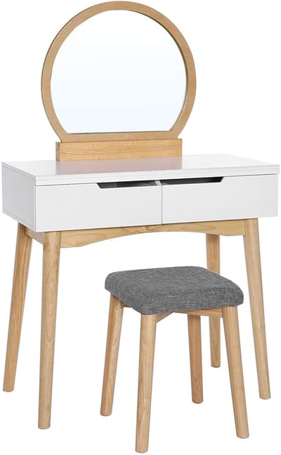 Pukeutumispöytä jakkarilla, peilillä ja laatikoilla