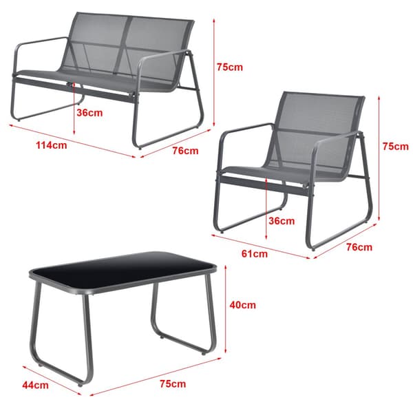 [en.casa] Loungegrupp Palencia för trädgården-loungeset-balkongset-2 stolar-bord-2sits soffa-pulverlackerat stål-glas-mörkgrå-svart