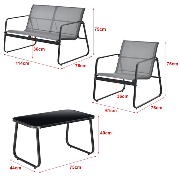 [en.casa] Loungegrupp Palencia för trädgården-loungeset-balkongset-2 stolar-bord-2sits soffa-pulverlackerat stål-glas-ljusgrå-svart