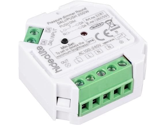 Dimmerpuck för fasdimringsbara drivdon Passar i apparat- och kopplingsdosa. Dimbar via DALI och Push (230V), 1-200W.