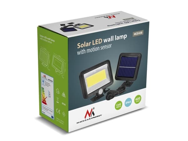 Solar LED-spotlight med bevegelsesdetektor Maclean MCE438, IP44, 5W, 400lm, 6000K, litiumbatteri 1300 mAh, 5,5 V DC