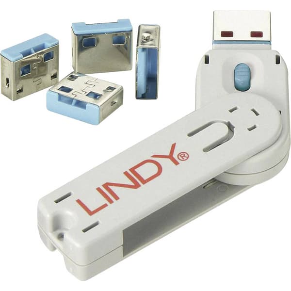 LINDY USB-Lock + Key USB-portlås Set 4 st Blå inkl. 1 nyckel