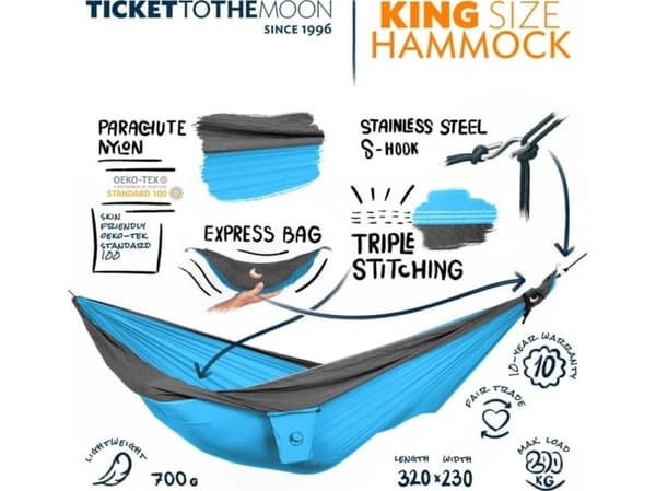 Ticket To The Moon TMK1503, Hengende Hammok, 200 kg, 1 person(er), Nylon, Akva, Grå, 2300 mm