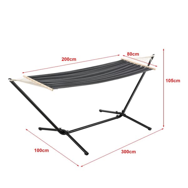 Hängmatta med stativ 300x120x105cm stål bomull polyester max.120kg svart mörkgrå [en.casa]