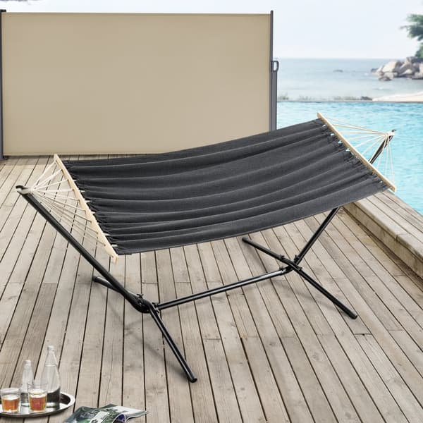 Hängmatta med stativ 300x120x105cm stål bomull polyester max.120kg svart mörkgrå [en.casa]