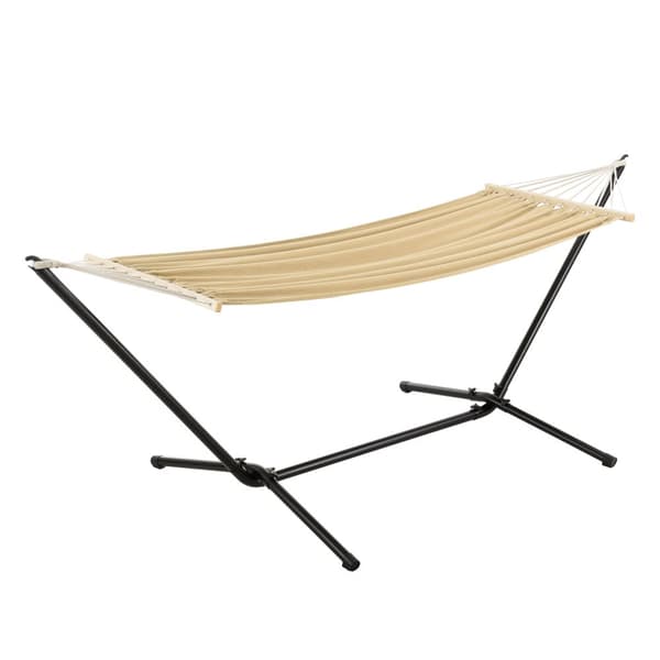 Hängmatta med stativ 300x120x105cm stål bomull polyester max.120kg svart beige [en.casa]