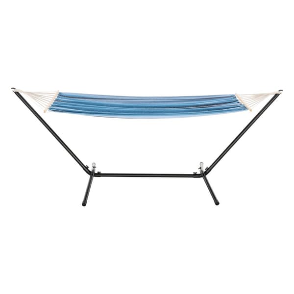 Hängmatta med stativ 300x120x105cm stål bomull polyester max.120kg svart blå randig [en.casa]