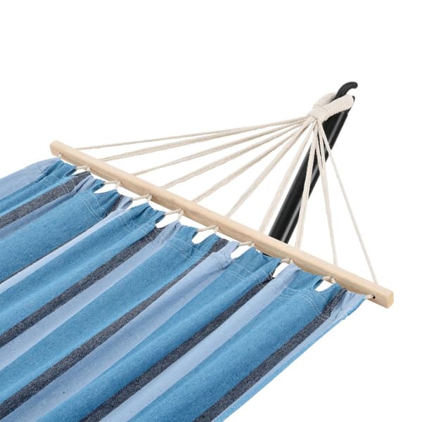 Hängmatta med stativ 300x120x105cm stål bomull polyester max.120kg svart blå randig [en.casa]