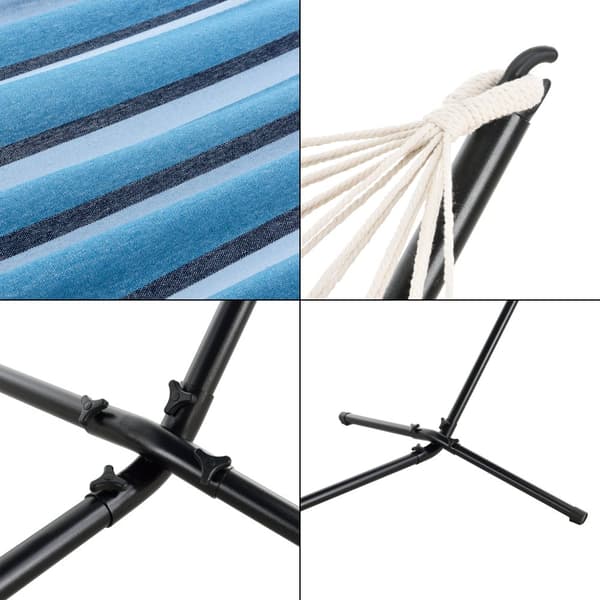 Hängmatta med stativ 300x120x105cm stål bomull polyester max.120kg svart blå randig [en.casa]