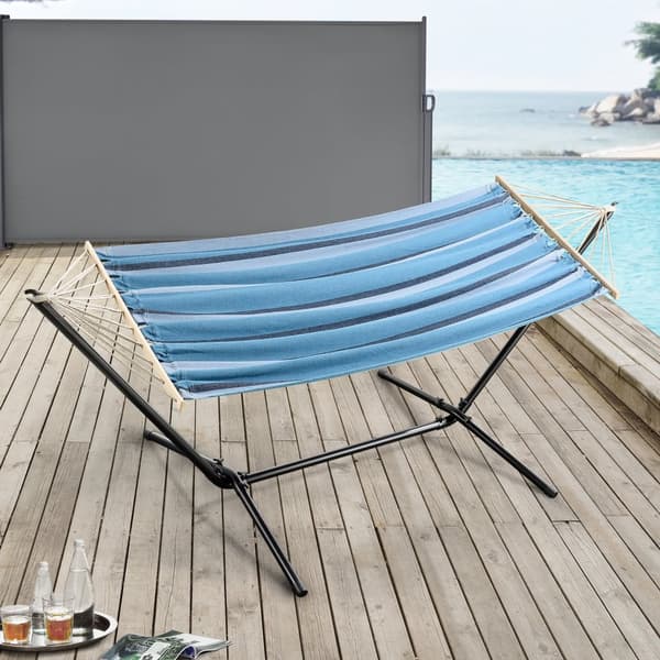Hängmatta med stativ 300x120x105cm stål bomull polyester max.120kg svart blå randig [en.casa]