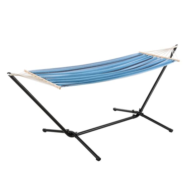 Hängmatta med stativ 300x120x105cm stål bomull polyester max.120kg svart blå randig [en.casa]