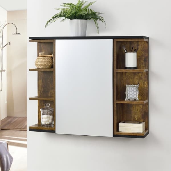 [en.casa] Väggskåp Harstad för badrum med spegeldörr och 6 hyllplan-64x80x20cm-melaminbelagd spånskiva-mörk träfärg-svart