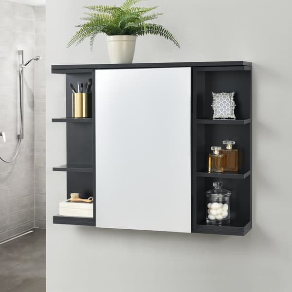 [en.casa] Väggskåp Harstad för badrum med spegeldörr och 6 hyllplan-64x80x20cm-melaminbelagd spånskiva-svart
