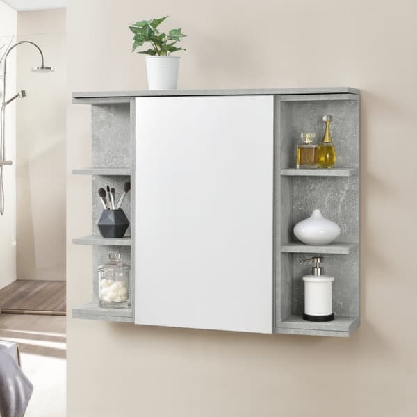 [en.casa] Väggskåp Harstad för badrum med spegeldörr och 6 hyllplan-64x80x20cm-melaminbelagd spånskiva-betongfärg