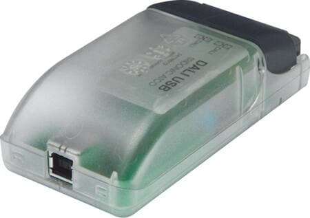 DALI interface som tilsluttes USB porten på computeren. Bruges sammen med DALI Cockpit softwaren som downloades fra lunatone.com.