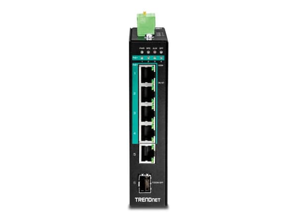 TRENDnet TI-PG541I - Switch - Administrerad - 4 x 10/100/1000 (PoE+) + 1 x 10/100/1000 + 1 x Gigabit SFP - DIN-skenmonterbar - PoE+ (120 W) - TAA-kom