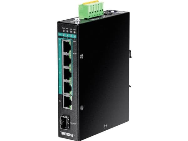 TRENDnet TI-PG541I - Switch - Administrerad - 4 x 10/100/1000 (PoE+) + 1 x 10/100/1000 + 1 x Gigabit SFP - DIN-skenmonterbar - PoE+ (120 W) - TAA-kom