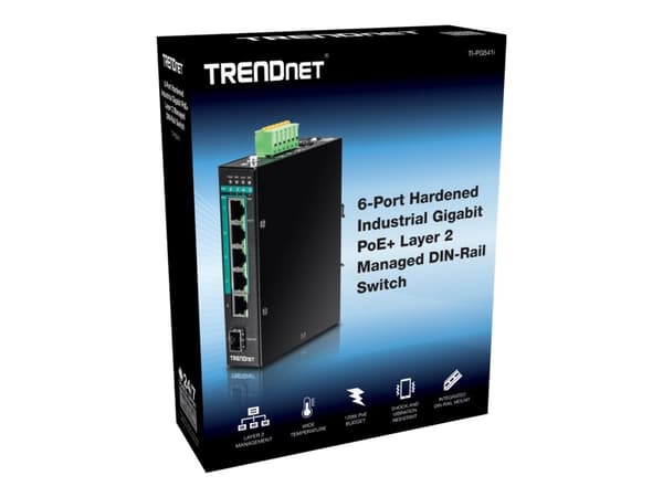 TRENDnet TI-PG541I - Switch - Administrerad - 4 x 10/100/1000 (PoE+) + 1 x 10/100/1000 + 1 x Gigabit SFP - DIN-skenmonterbar - PoE+ (120 W) - TAA-kom