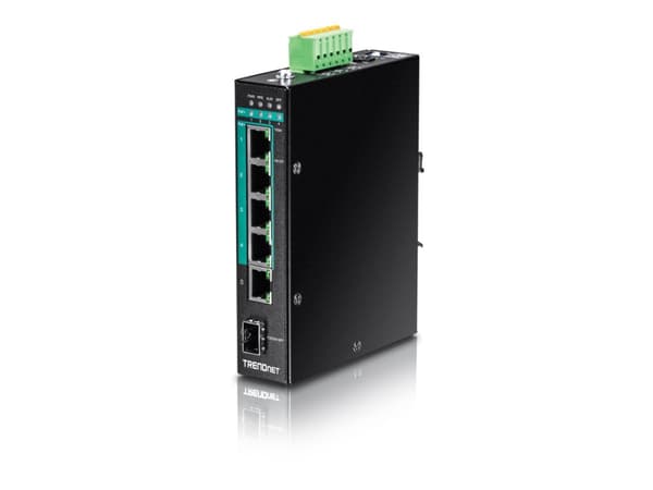 TRENDnet TI-PG541I - Switch - Administrerad - 4 x 10/100/1000 (PoE+) + 1 x 10/100/1000 + 1 x Gigabit SFP - DIN-skenmonterbar - PoE+ (120 W) - TAA-kom Svart