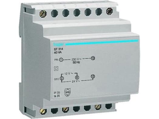 Hager ST312, Turvamuuntaja, ensiö 230V, toisio 12 / 24V, 25VA, 70mm leveä, DIN-kiskoon