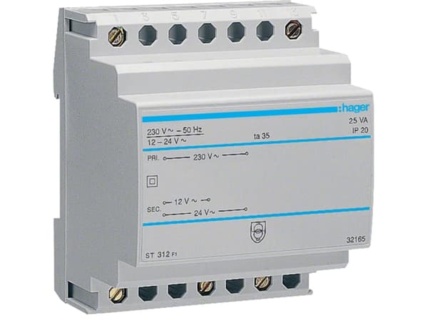 Hager ST312, Turvamuuntaja, ensiö 230V, toisio 12 / 24V, 25VA, 70mm leveä, DIN-kiskoon