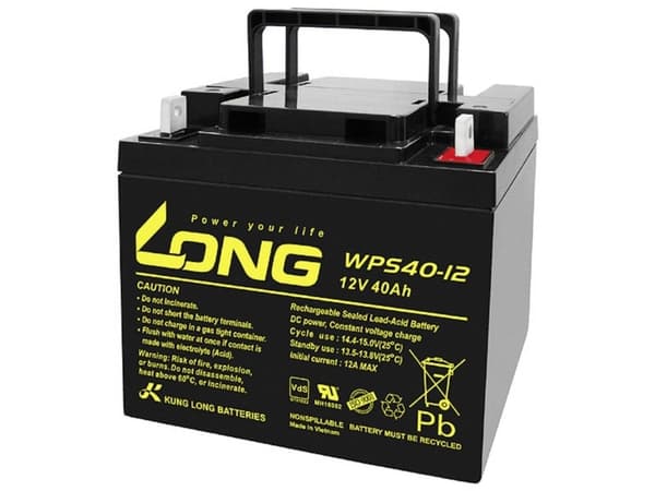 Pitkä WPS40-12 WPS40-12 Lyijyakku 12 V 40 Ah Lyijyvilla (B x K x S) 199 x 171 x 166 mm M6-ruuviliitäntä VDS-sertifiointi, alhainen itsepurkautuminen,