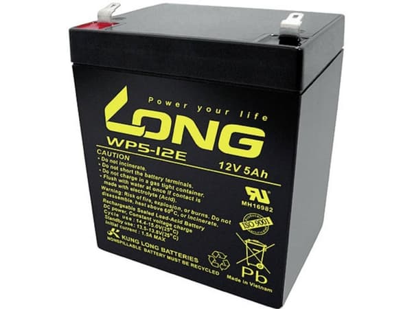 Long WP5-12E Blybatteri 12 V 5 Ah Blyfleece (B x H x T) 90 x 107 x 70 mm Fladstik 6,35 mm Cyklusstabilt, Lav selvafladning, Vedligeholdelsesfri