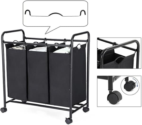 Tvättkorg / Tvätt vagn med 3 avtagbara tygpåsar 3 x 44 L