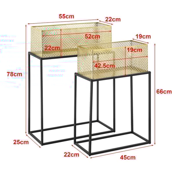 [en.casa] Växtställ Anderlues-set 2-66x45x22cm-78x55x25 cm-med krukor-metall-svart-mässing-fyrkantig