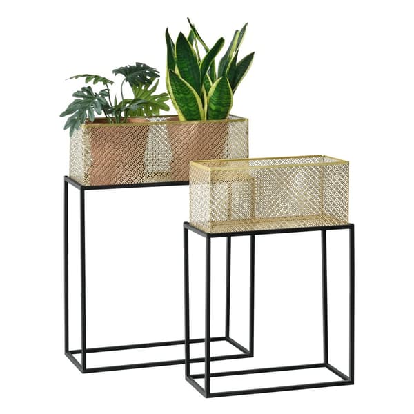[en.casa] Växtställ Anderlues-set 2-66x45x22cm-78x55x25 cm-med krukor-metall-svart-mässing-fyrkantig