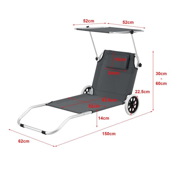 [en.casa] Solsäng Lazkano med tak och hjul-150x62cm-aluminium- 600D Oxford tyg-silver-mörkgrå-max.belastning: ca. 110 kg-med nätficka