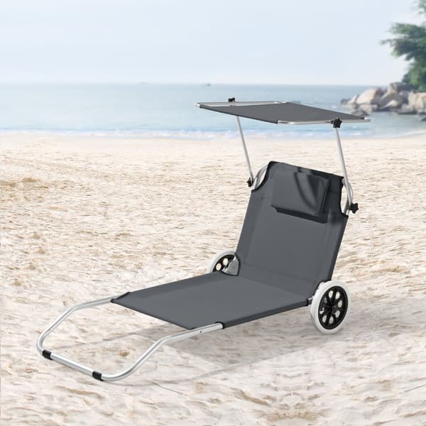 [en.casa] Solsäng Lazkano med tak och hjul-150x62cm-aluminium- 600D Oxford tyg-silver-mörkgrå-max.belastning: ca. 110 kg-med nätficka