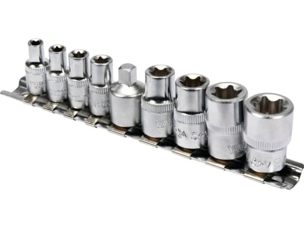 Yato YT-0520, Støpselsett, 1/4", Metrisk, 9 hoder, E10, E12, E14, E16, E5, E6, E7, E8, Kromvanadiumstål