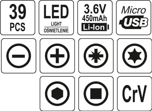 Yato YT-27930, Elektrisk skrutrekker, Rett håndgrep, Sort, 45,6 dB, Batteri, 3,6 V